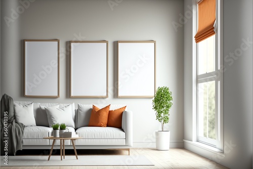 Buena iluminaci  n  una sala de estar moderna y minimalista con cuadros  una maqueta de marco de madera  un espacio de copia vac  o y una presentaci  n en 3D