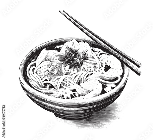 Udon noodles sketch hand drawn engraving style Asian cuisine Vector illustration