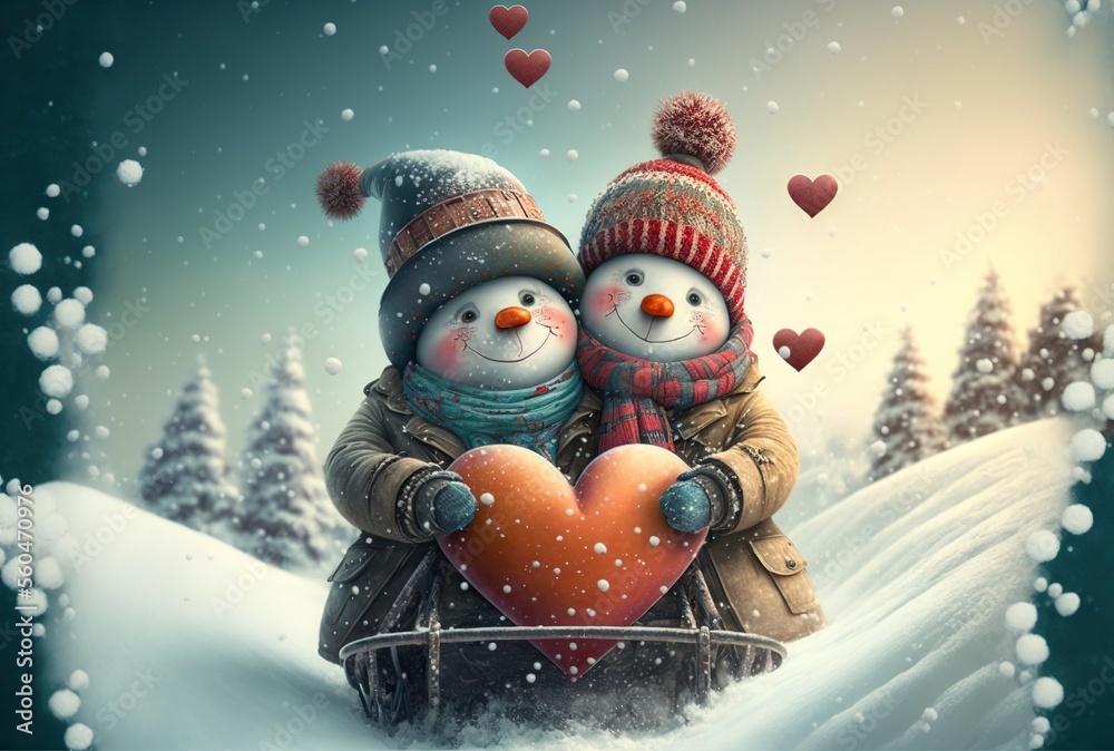 Couple of snowmen hugging holding a heart, a symbol of love, while standing on a sled, created with Generative AI technology. Valentine's Day. Romantic concept. Couple of snowmen hugging holding a heart, a symbol of love, while standing on a sled, created with Generative AI technology. Valentine's Day. Romantic concept.