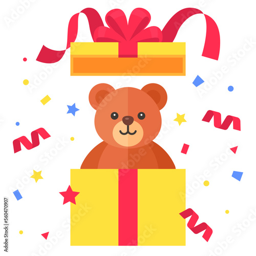 Teddy bear in gift box with confetti vector