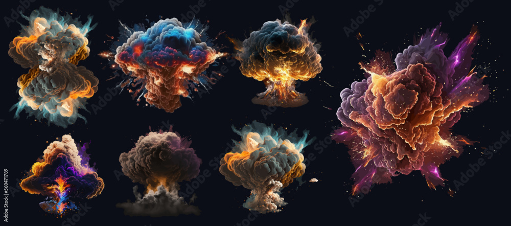 Set magic explosion, game bomb boom effect with colorful clouds. Isolated smoke cumulus elements of gas explosion, effect and promo flash black. Vector illustration - obrazy, fototapety, plakaty 
