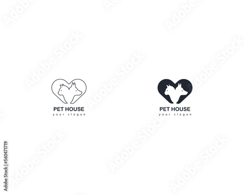 Dog and cat house home with heart logo design template, pet love logo design for pet shop, store, cafe, business, hotel, veterinary clinic, Domestic animal vector illustration logotype, sign, symbol.