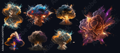 Fotografia Set magic explosion, game bomb boom effect with colorful clouds