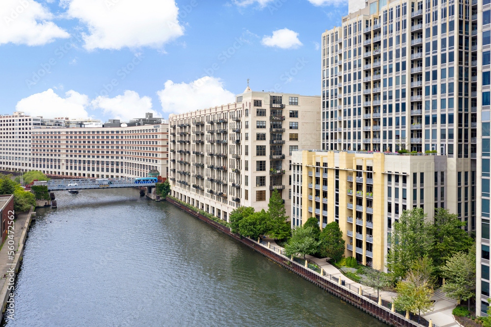 Exterior Image of the Chicago Riverwalk. Aerial Photo of the Chicago River in the Summer. Midwest summer along the river.