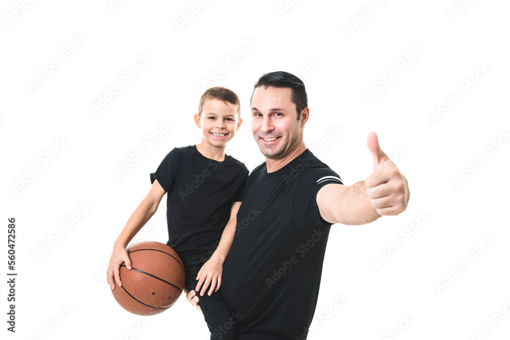 father and son playing basketball isolated on white background