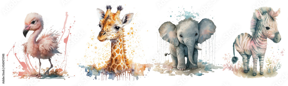 Safari Animal set Zebra, flamingo, elephant, giraffe in watercolor style. Isolated vector illustration - obrazy, fototapety, plakaty 