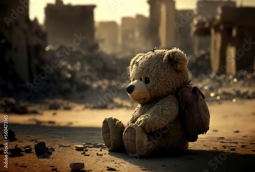 Teddy Bear surrounded by ruins of destroyed buildings. AI generative illustration.