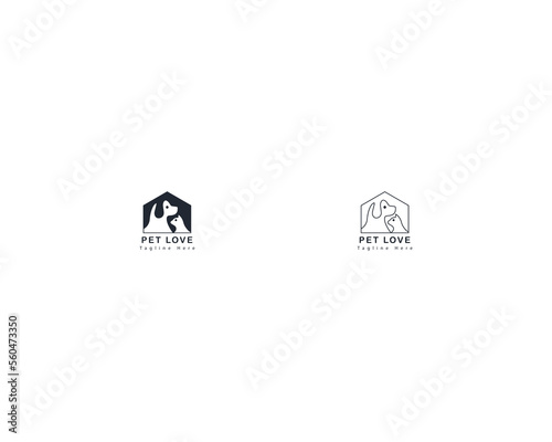 Dog and cat house home logo design template, pet love logo design suitable for pet shop, store, cafe, business, hotel, veterinary clinic, Domestic animal vector illustration logotype, sign, symbol.