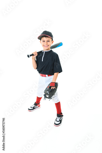 Photography child baseball player Studio shot over white.
