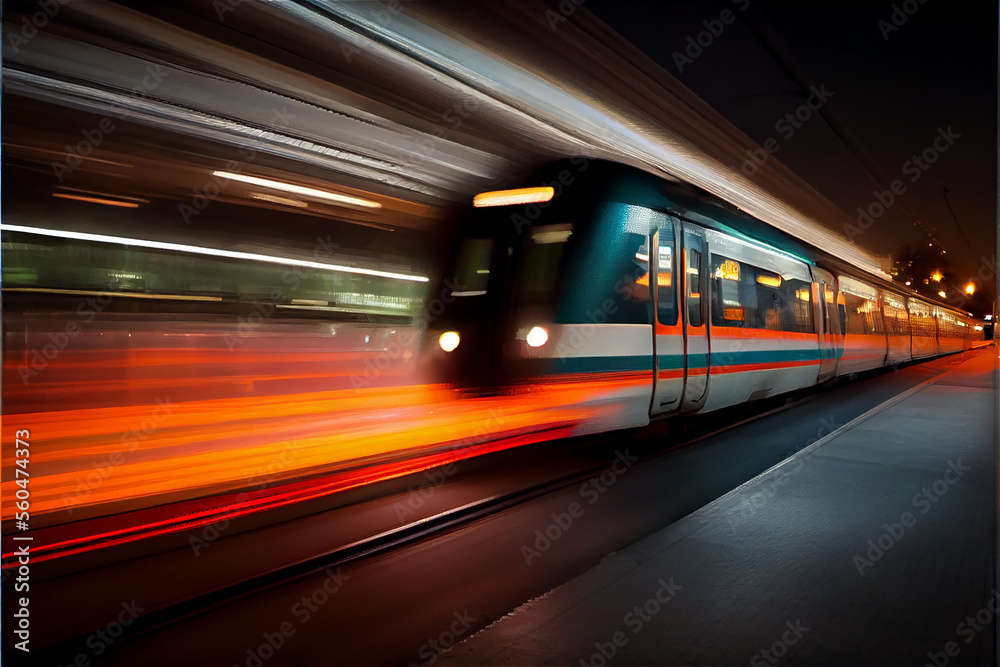 Fototapeta premium moving train with blurry lights ideal for transportation backgrounds, generative AI