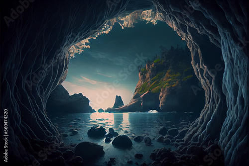 Cave in the ocean with blue...