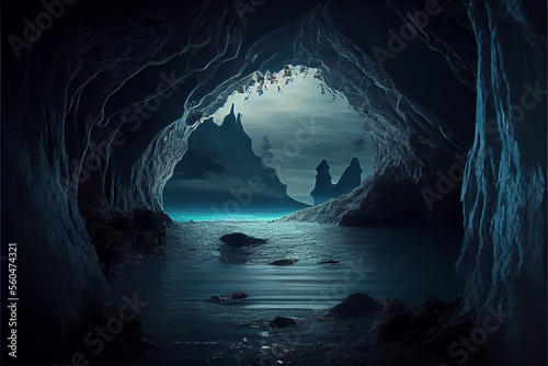 Cave in the ocean with blue...