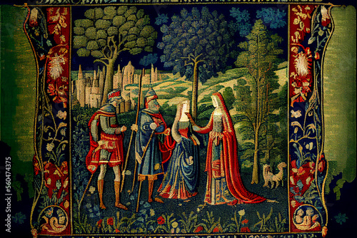 Medieval style tapestry with court motives in the ancient style, generative AI photo