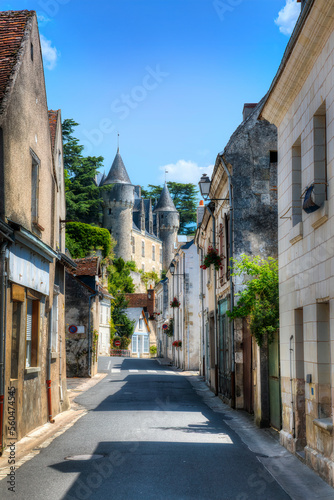 Street in the Beautiful Village of Montresor, with the Facade of Montresor Castle, Loire, France © Rolf