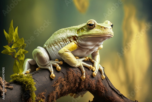 Animal closeup, amphibian closeup, Australian white tree frog sitting on branch, dumpy frog on branch. Generative AI