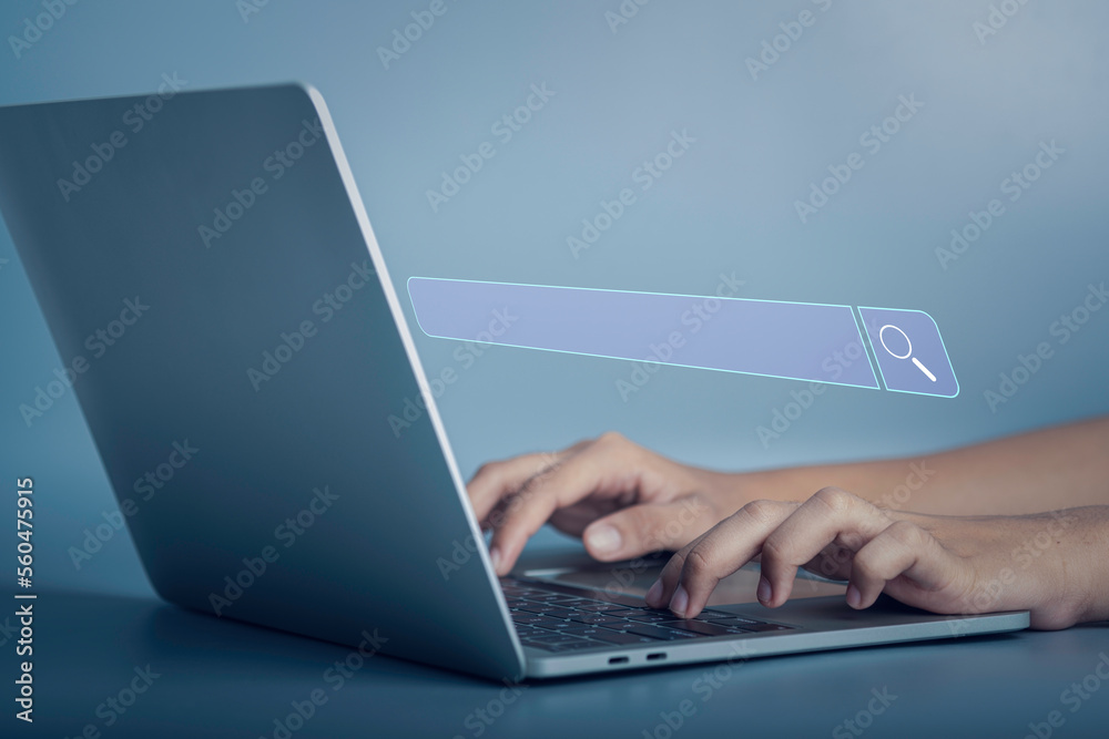 Search Engine Technology for find information or data network with your website.concept. Search Console bar On Virtual Screen, Businessman hand used laptop. Search Engine Technology for find information or data network with your website.concept. Search Console bar On Virtual Screen, Businessman hand used laptop.