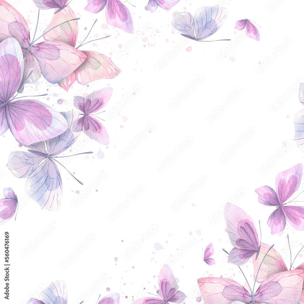 Lilac, pink and blue butterflies with splashes of paint. Watercolor illustration. Template from the collection of CATS AND BUTTERFLIES. For the design and decoration of prints, postcards, posters.