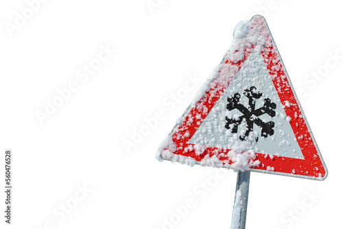 traffic sign warns of ice and snow on road