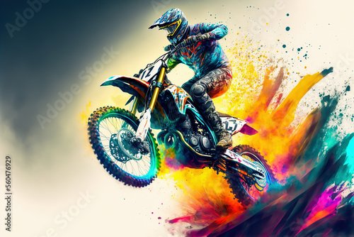 Dirt bike rider doing a big jump. Supercross, motocross, high speed. Sport concept. Digital art 