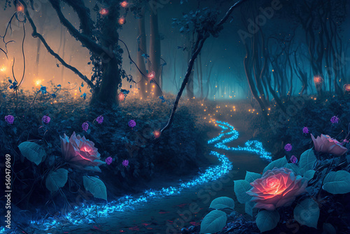 Fantasy fairy tale background with forest and blooming pink rose path. Fabulous fairytale outdoor garden and moonlight background. Digital artwork
