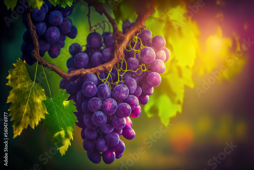 Branch with purple grapes on a spring grape tree on a blurred background of nature. Digital artwork