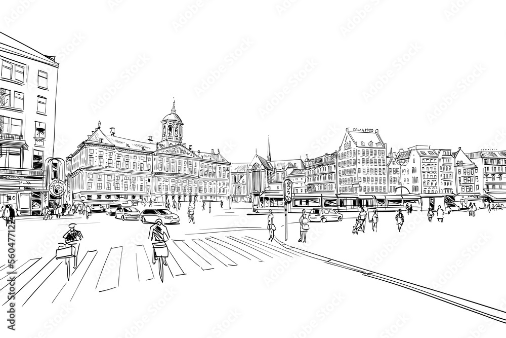 City drawing sketch. Holland. Netherlands. Hand drawn vector art illustration.