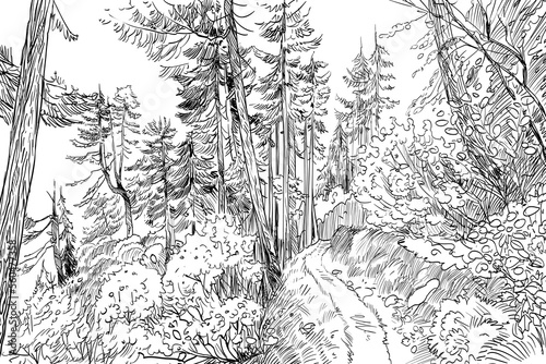 Forest path sketch. Hand drawn vector illustration art. 