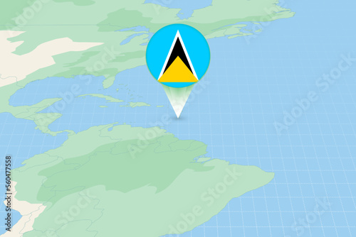 Map illustration of Saint Lucia with the flag. Cartographic illustration of Saint Lucia and neighboring countries.