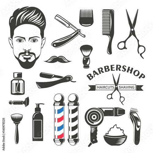 Barbershop Salon Symbols Accessories icons. Vector vintage style man beauty servicesicons collection photo
