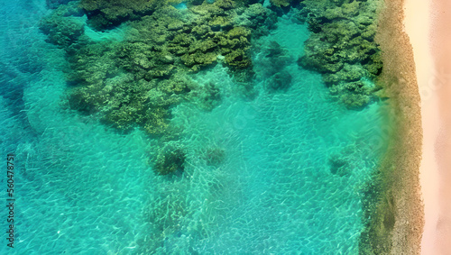 砂浜と珊瑚礁の風景 ドローン 空撮