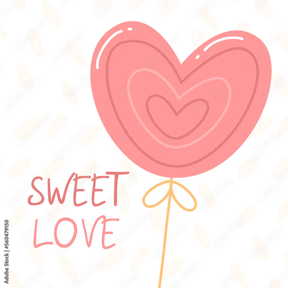 Design concept of a greeting card for Valentine's day. Pink balloon heart and the inscription sweet love. Vector square cartoon illustration.