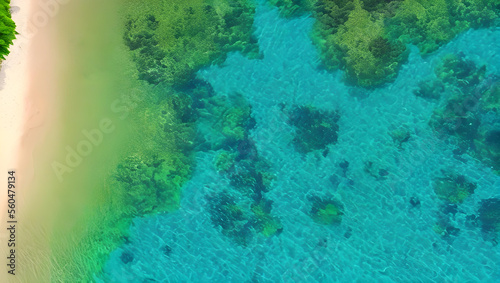 砂浜と珊瑚礁の風景　ドローン　空撮