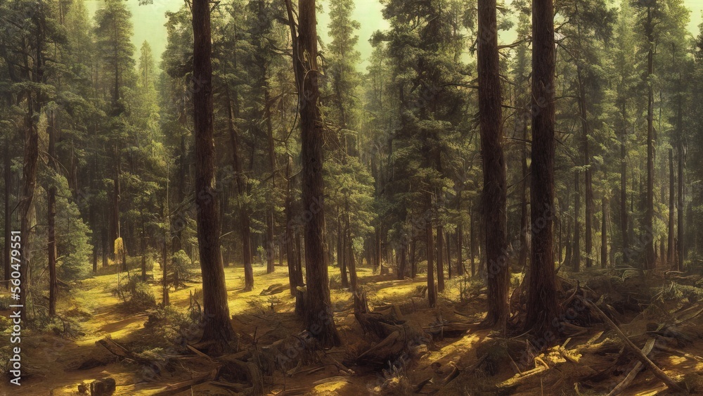 Naklejka premium Painting, spruce forest, painted with oil paints.