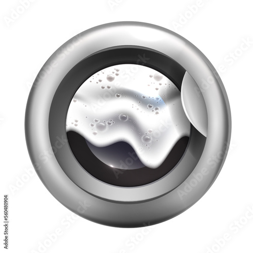 Washing machine closed laundry door logo, detergent bubbles, 3D washer icon, white powder foam. Circle glass appliance window, clothes cleaning process, soap wave. Washing machine front view clipart