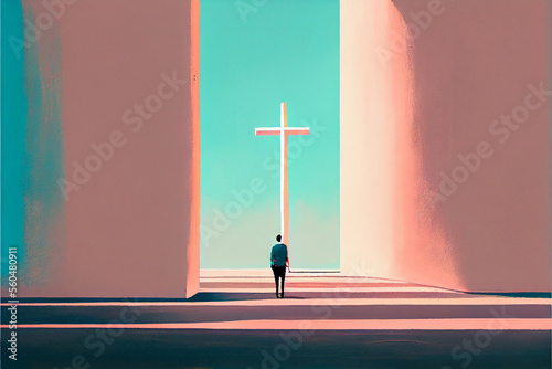 Minimal abstract drawing of church and cross. generative ai