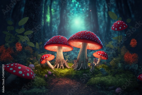 Fly agaric mushrooms populate a clearing in the woods, bringing to mind the fantastical mushrooms from the 