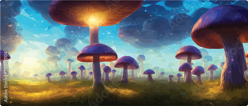 Surreal mushroom landscapes, fantasy wonderland landscape with moon mushrooms. vector illustration. Dreamy fantasy mushrooms in a magical forest. banner illustration photo