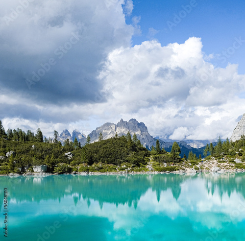 Lago Sorapis in Dolomites Italy with mountains in background
