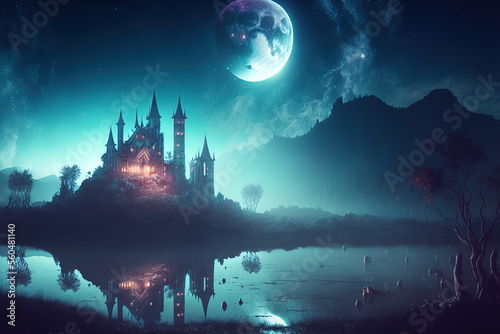 A vast moon, a starry night sky, a swamp, and large castles with luminous windows can all be seen in this ethereal fairy tale environment of a nightly terrifying country. Generative AI