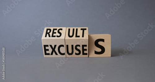 Results Excuses symbol. Wooden cubes with words Excuses and Results. Beautiful grey background. Business and Results Excuses concept. Copy space © Natallia