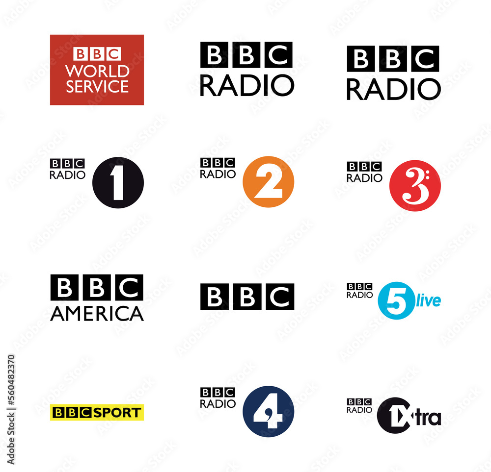 Collection of popular media logo. BBC World Service, BBC Radio, BBC Sport, BBC  Radio 2, BBC America, BBC Radio 1, BBC, BBC Radio, vector icons on isolated  background. vector de Stock | Adobe Stock
