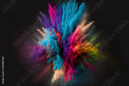 Colored powder explosion isolated on a dark background. background with abstract colors. Generative AI