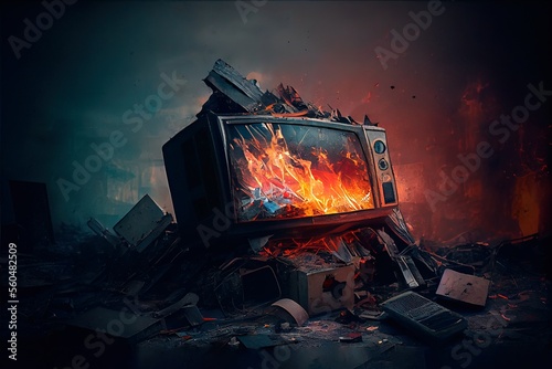 An old TV lying on the ruins of a house. A post-apocalyptic ruined city. Destroyed buildings, mountains of rubble and debris. The concept of the apocalypse. Generative AI Art