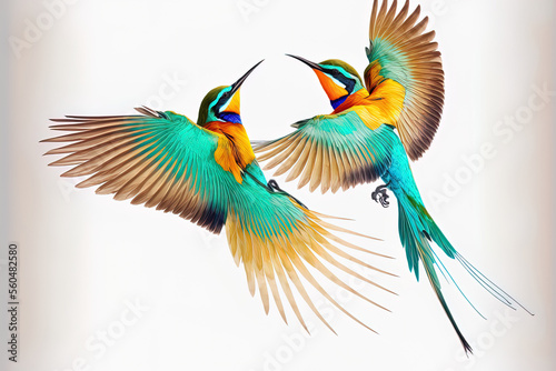 Birds of Paradise fighting in flight isolated on a white background,bee eaters ,Merops Apiaster. Generative AI photo