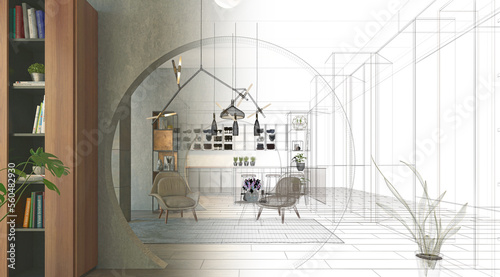 Luxurious and modern open space with circular holes in the walls, apartment inside a skyscraper in Dubai, project design wireframe, 3d rendering, 3d illustration