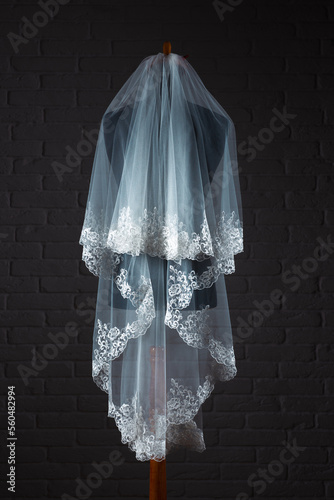Wedding Veil. Studio photography against a dark, brick wall.