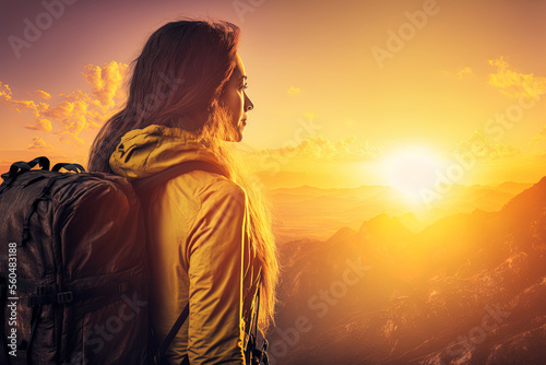 Young hipster woman with a backpack savoring the sunset atop a misty mountain. Tourist traveling in the mockup's background. Hiker looking at the sun while traveling in Spain, mock up text. Pictures o