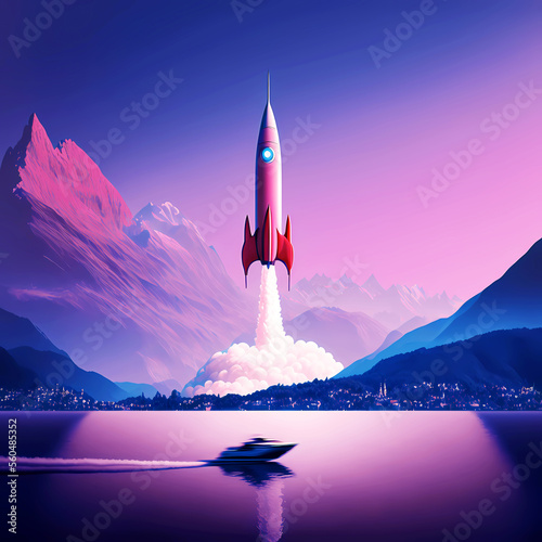 Vector Style Illustration of a Rocket Launching from Majestic Mountains in front of a Lake 2