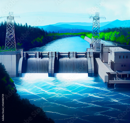 Obraz na płótnie hydroelectric power station dam reservoir on the river illustration