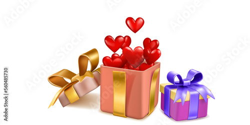 Valentine's Day illustration with colored gift boxes tied with ribbons with a bows, and a lot of red hearts flying out of open box, on white background